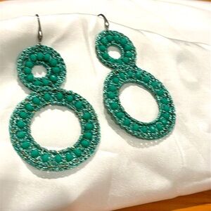 Double circle green bead and “embroidery” style earrings.